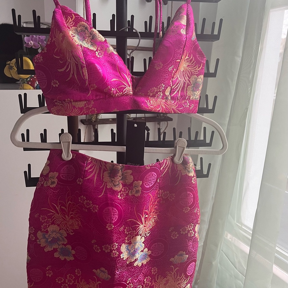 Pink Floral Satin Bralette and Skirt Set